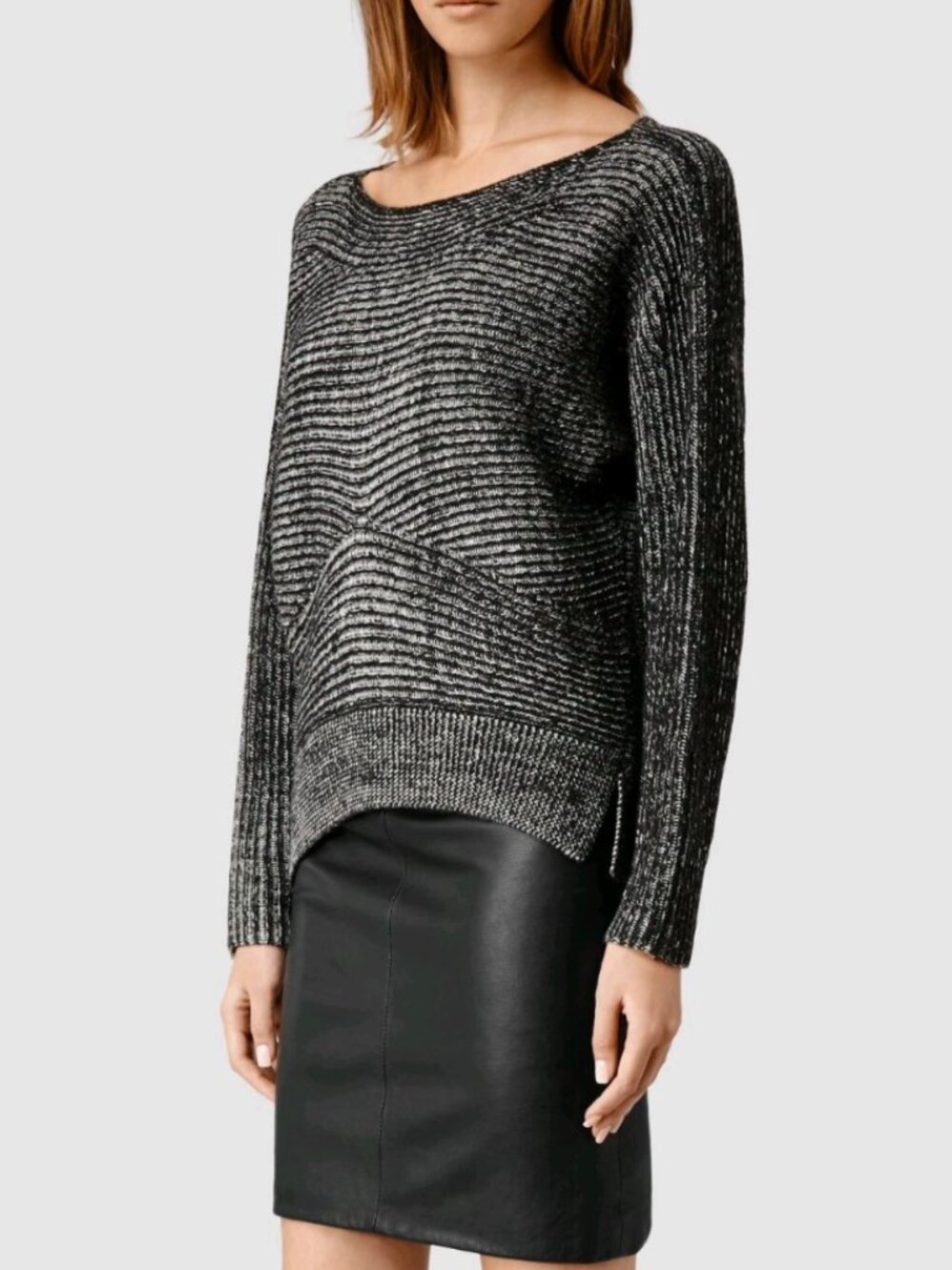 AllSaints Mesa Jumper – Black & White Textured Knit | Size S | 100% Merino Wool